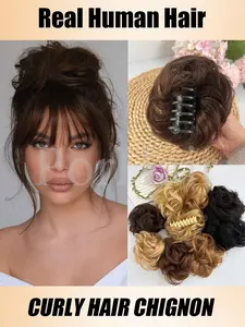 Brown Claw Clip Messy Bun Ponytail Messy Human Hair Bun Extensions Wavy Curly Human Hair Chignon Updo Natural Wavy Hairpieces for Women Girls