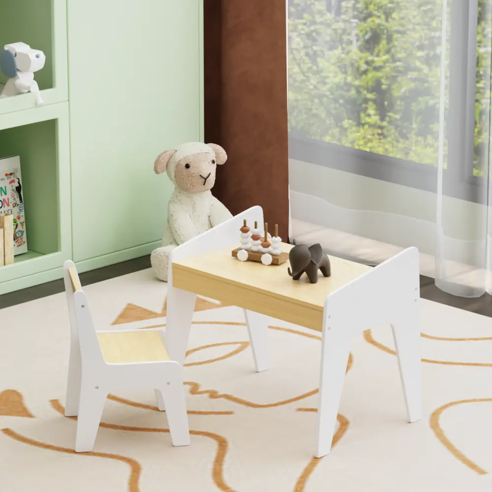 Wooden Kids Table and Chair Set, Modern Toddler Activity Desk for Homeschooling Crafts Reading, Montessori Nursery Furniture