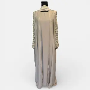 Deep Olive Green Abaya - 3 Piece Flowy Silhouette with Emerald Embroidery & Crystal Accents for Day Events & Glamorous Evenings