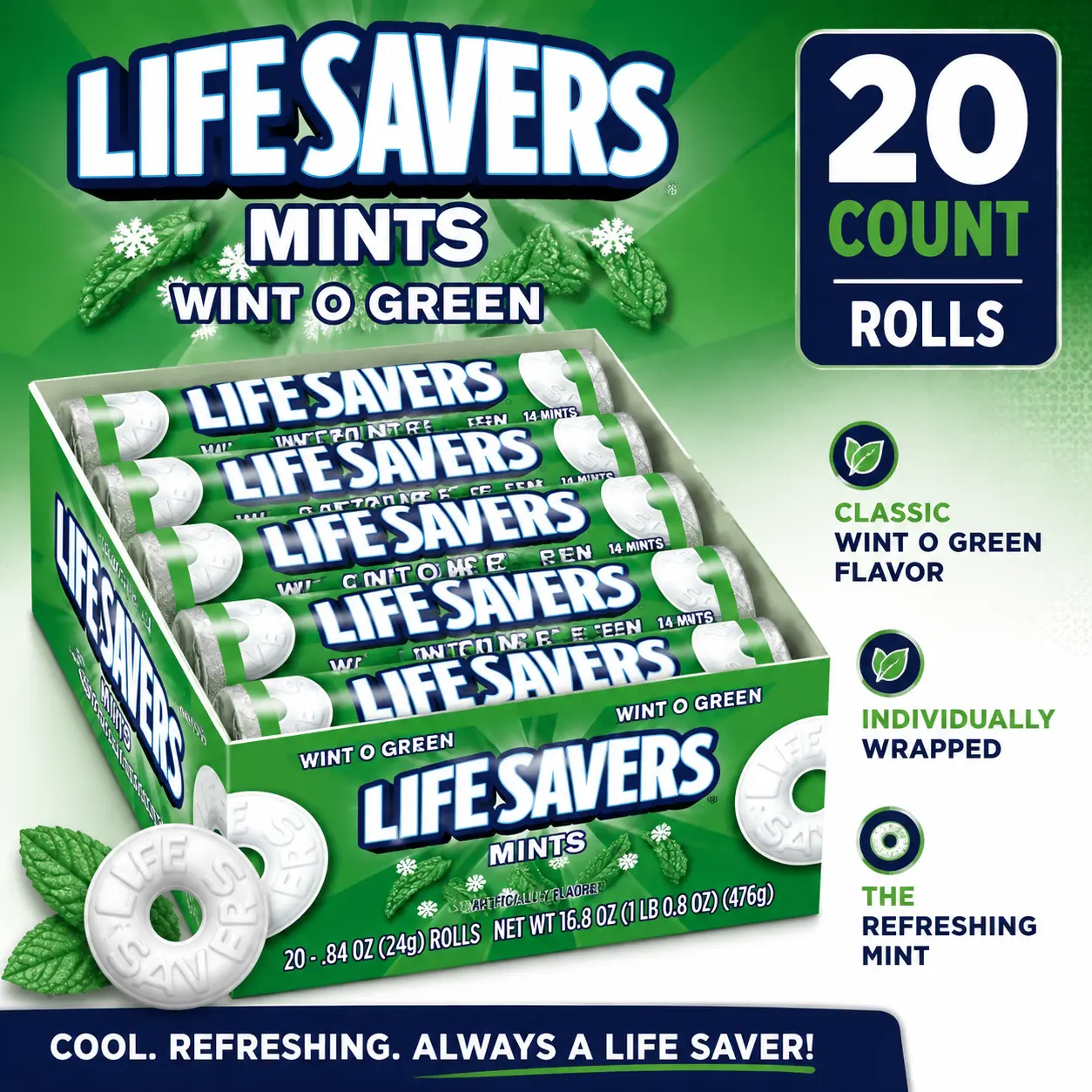 Life Savers Wint-O-Green Mints 0.84 oz 20 Count ️ Classic Wintergreen Hard Candy Rolls | Individually Wrapped Refreshing Mints