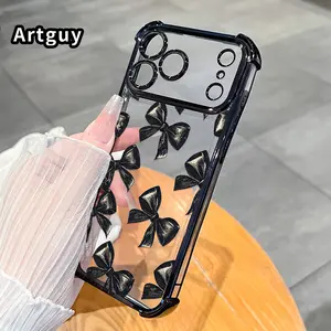 Four Corner Anti-Fall Bow - tie Pattern Phone Case for iPhone 17 Pro Max 16 Air 15 Plus 14 13 12 11 E Shockproof Transparent Electroplated Protective Cover