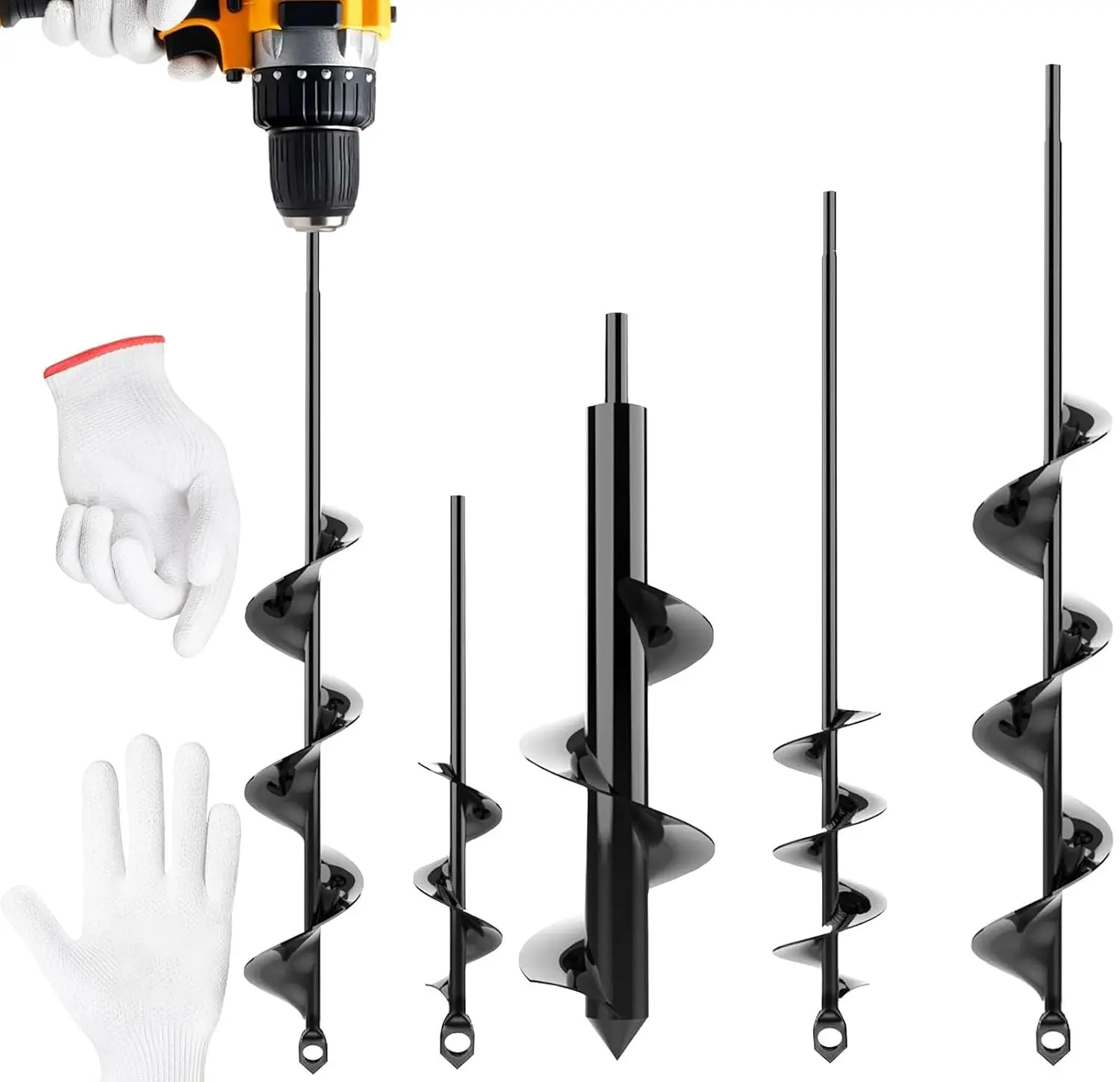 Post Hole Diggers, 4pk Auger Drill Bit for Planting with Gloves - Heavy Duty Garden Spiral and Bulb Planter Tool for Digging Holes - Compatible with 3/8 Inch Hex Drive (1.6 x 8.6 + 3 x 12 + 2 x 14.5 + 2.6 x 16.5 Inch)