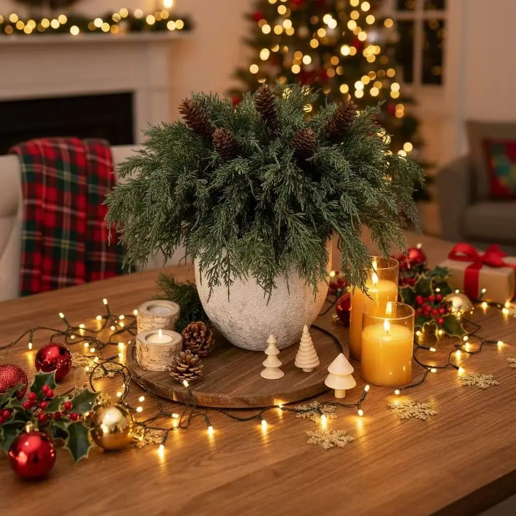 17pcs 19" Extra Long Artificial Norfolk Pine Branches with Pine Cones, Realistic Fake Christmas Greenery Stems for Indoor Xmas Tree, Decor & Table Centerpieces, No Maintenance Required