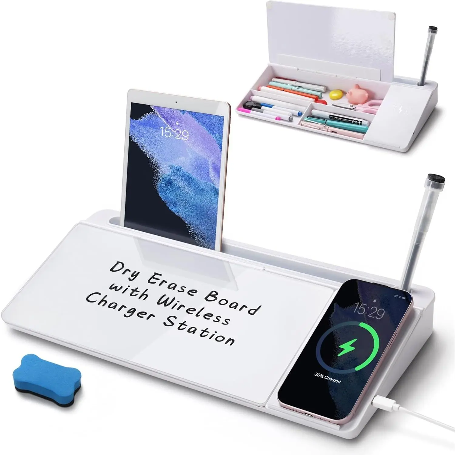 Desktop Glass Whiteboard with  Charger Station, Dry Erase Board Computer Pad Keyboard Stand with Organizer Drawer for Home, School, Office Desk Accessories, White