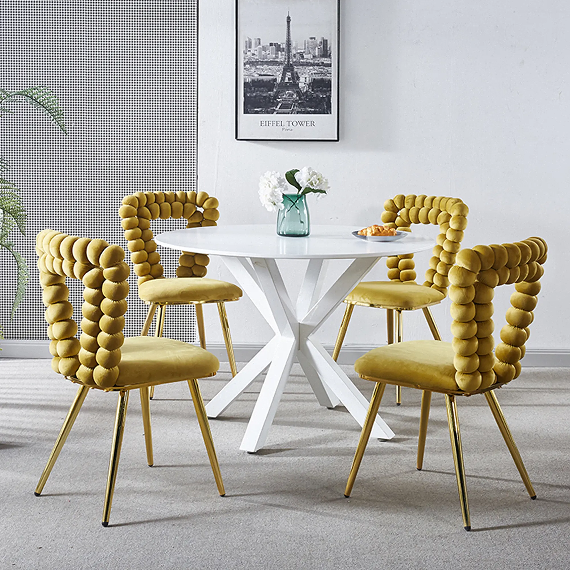 Mikibama Contemporary Armless Dining Chairs (Set of 2) - Powder Coated Iron Tube Legs, Soft Cushion, Fur Ball Fixed Backrest, Stainless Steel Accents, Durable, Assembly Required for Dining Rooms, Cafes, Living Rooms, Bedrooms
