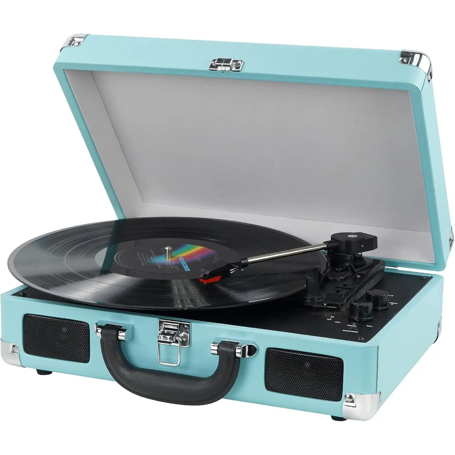 Vintage Suitcase Vinyl Record Player - Portable 3-Speed Belt-Driven Stereo Sound System with Retro Look, Adjustable Speed, Built-In Stereo Speakers, Extra Stylus, Manual Controls, Line-Out Jack, AUX In, Sturdy Design