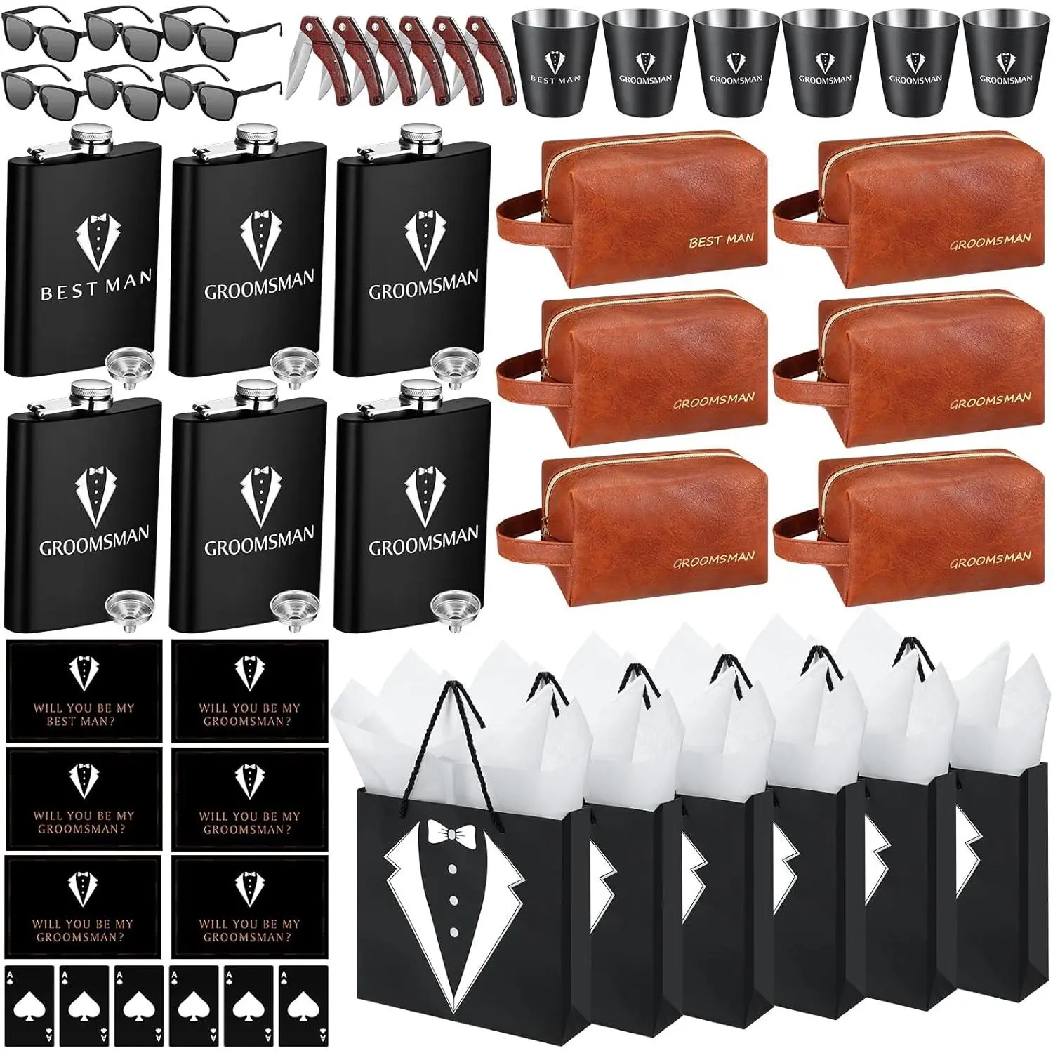 60 count Groomsmen Gifts Groomsmen Proposal Box with Flasks Sunglasses PU Leather Toiletry Bag Bottle Opener for Wedding Groomsman  Man  (Brown)