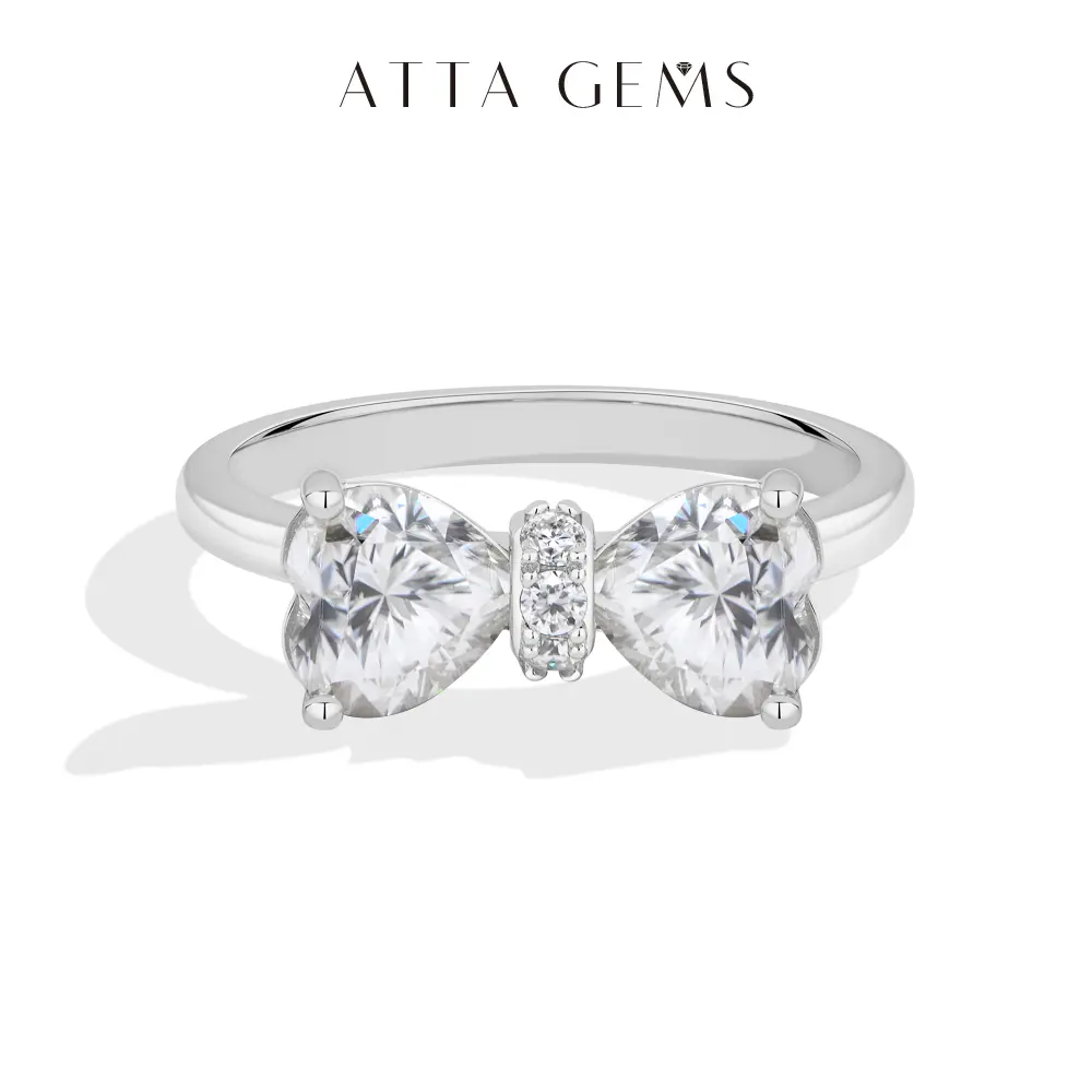 ATTAGEMS 925 Sterling Silver New Classic Bow Heart Shaped Ring - 1CT*2 Heart Cut Lab-Grown Moissanite, Women's Beautiful Wedding Ring, R422 Fine Jewelry for Anniversary Gift, Beautiful Rings