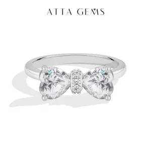 ATTAGEMS New Classic Bow Design 1CT*2 Heart Cut Lab-Grown Moissanite Ring for Women Girls 925 Sterling Silver Ring Anniversary Daily Wear Birthday Gift Trendy Fine Jewelry R422