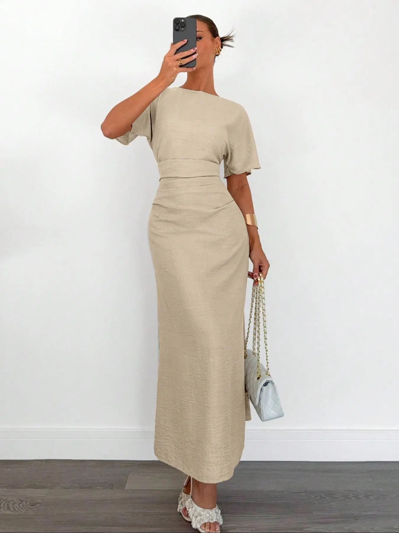 Women's Solid Color Round Neck Dress, Casual Fashion Elegant Classy Flattering Short Sleeve Dress for Daily Outdoor Wear, Women Dress for Summer, Fashion Fit Dress, Classy Modest Dresses