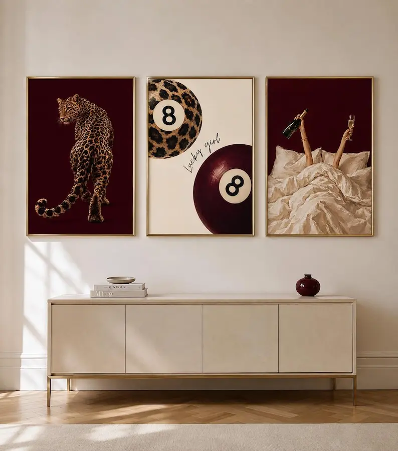 Burgundy Wall Art Set of 3 POSTER PRINT UNFRAMED, Leopard Prints, Lucky Girl Art, Feminine Decor