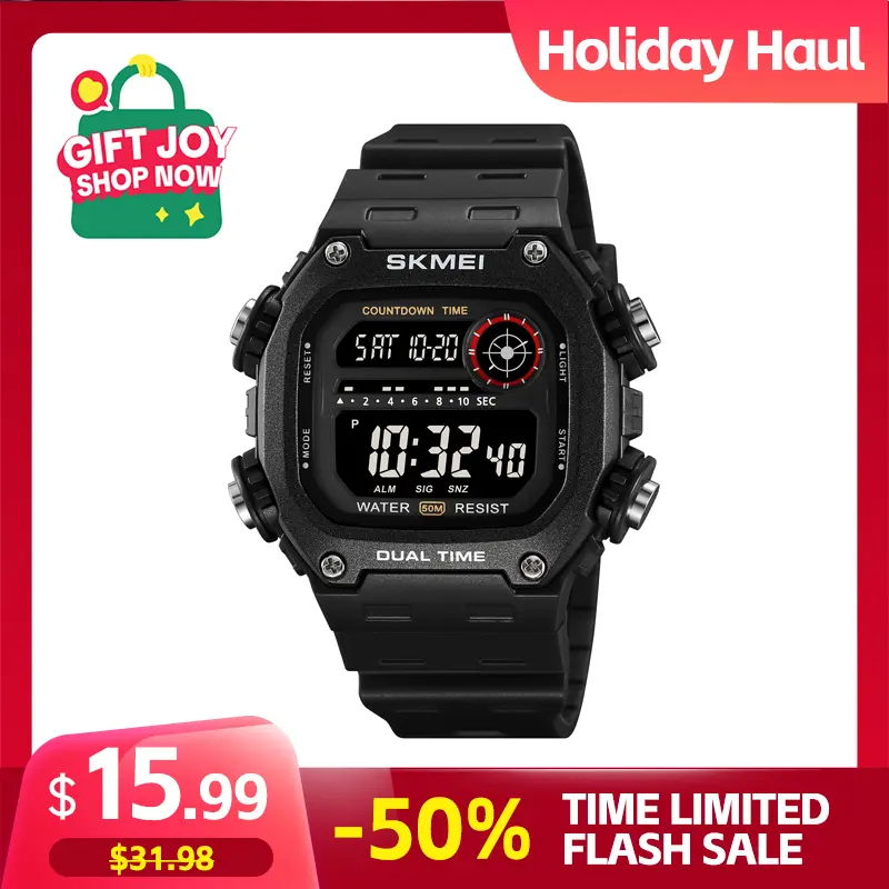 SKMEI Men's Outdoor Digital Wristwatch, Casual Trendy Rectangular Dial Watch, 5ATM Waterproof, Alarm, Chronograph Functionality