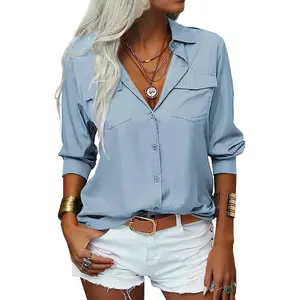 Imily Bela Womens Solid Lapel Long Sleeves Button Down Shirt Top Casual Basic Office Blouse