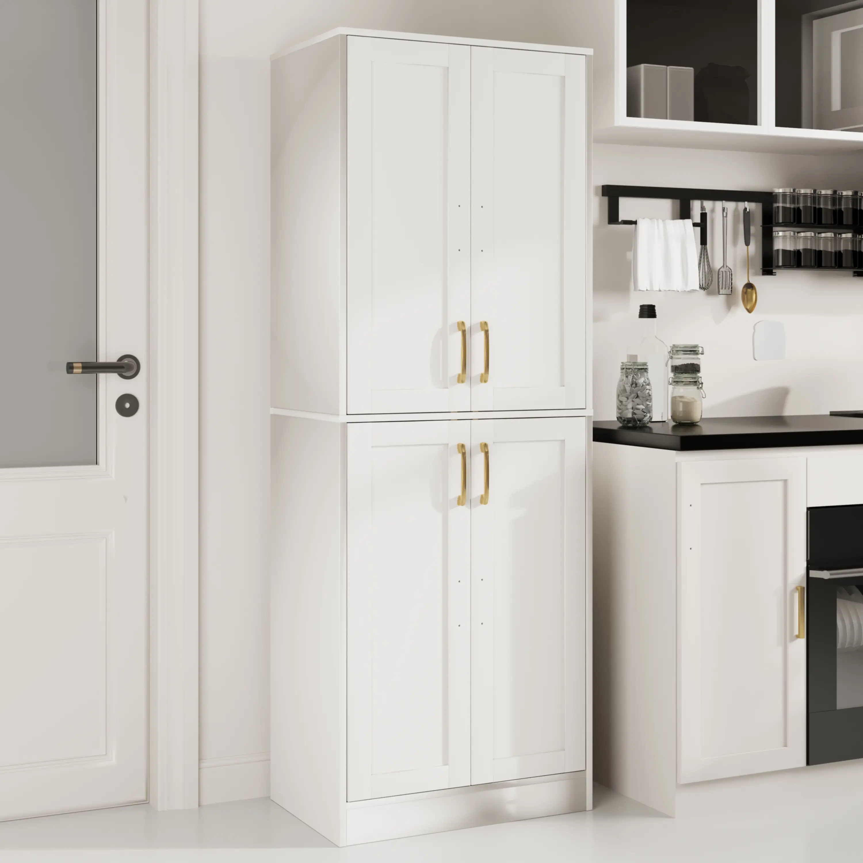 Modern Pantry Cabinet with 4 Door and 2 Adjustable Shelves,Storage cabinets with Gold Handles,Versatile Storage for Laundry Room, Living Room, Bathroom, Dinning Room, Utility Room Apartment Furniture Organizer