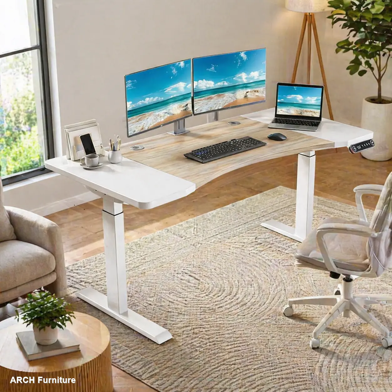 63"x30" Curved Top Dual Motor Height Adjustable Electric Standing Desk, Sit-Stand Home Office Desk with Splice Board and T-Shaped Legs (White&Oak Desktop + White Frame) Sturdy Computer Desk Ergonomic Mesh Desk