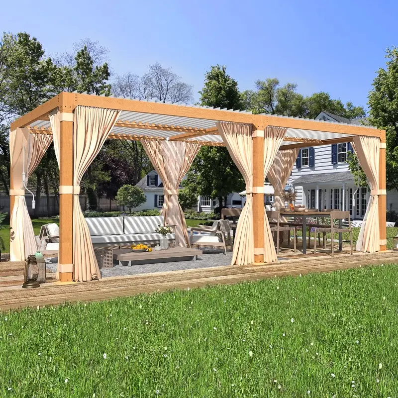 10' x 20' Wood Grain Aluminum Outdoor Pergola, Adjustable Rainproof Louvered Roof with Curtains and Netting for Patio, Lawn & Garden