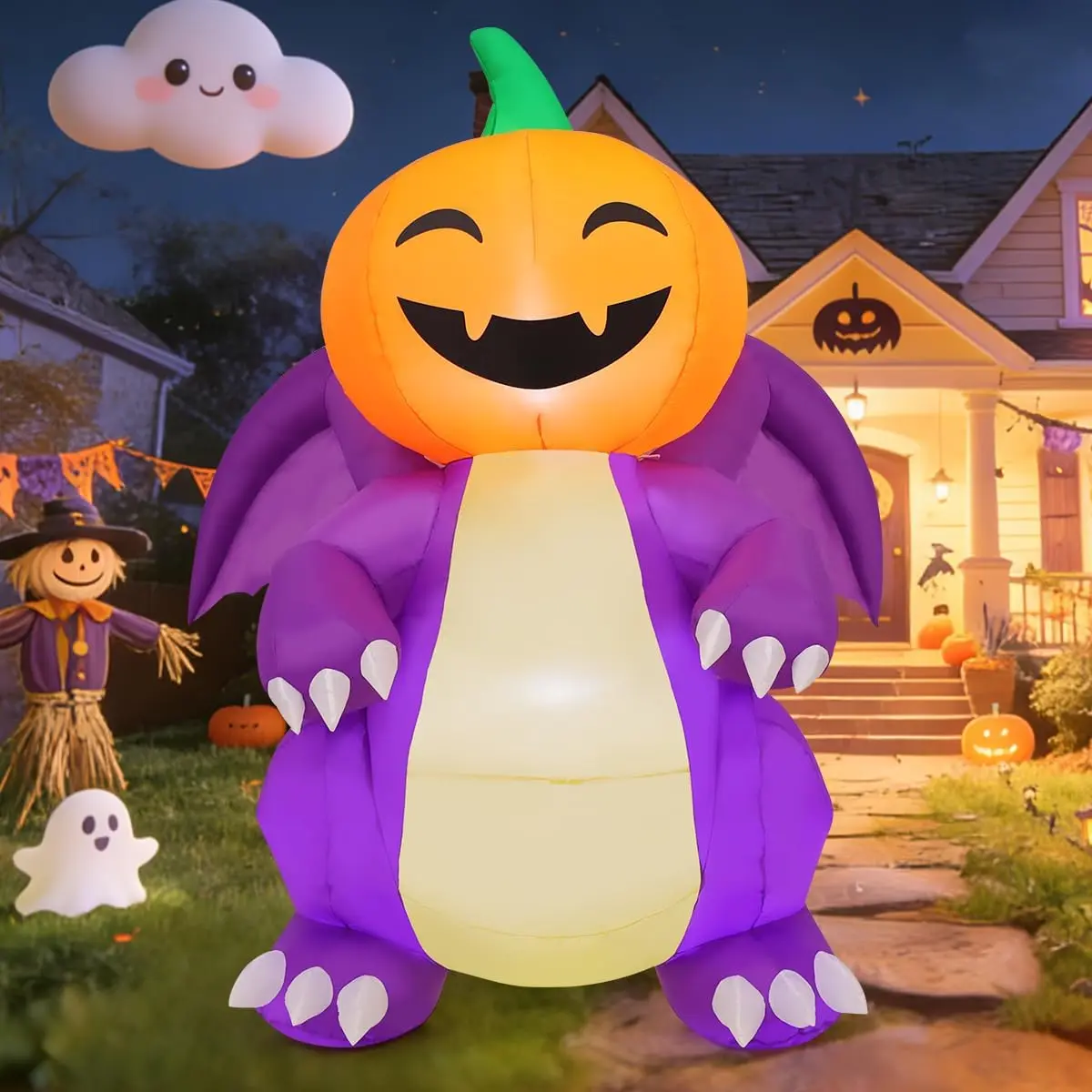 COMIN 5.9FT Tall Halloween Inflatables Pumpkin-Headed Purple Dinosaur with Built-in LEDs for Indoor Party Garden Lawn Decorspooky season decor, spooky yard decor, halloween yard decor, halloween gift for him and her, 2026 gift