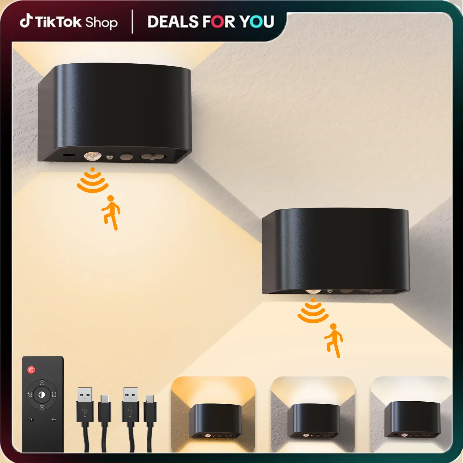 KagoLing LED wall light indoor with motion sensor, 2 pieces 4000mAh battery wireless wall lamp with remote control, 3 colors/modes no drilling wall decoration wall light for bedroom living room stairs hallway