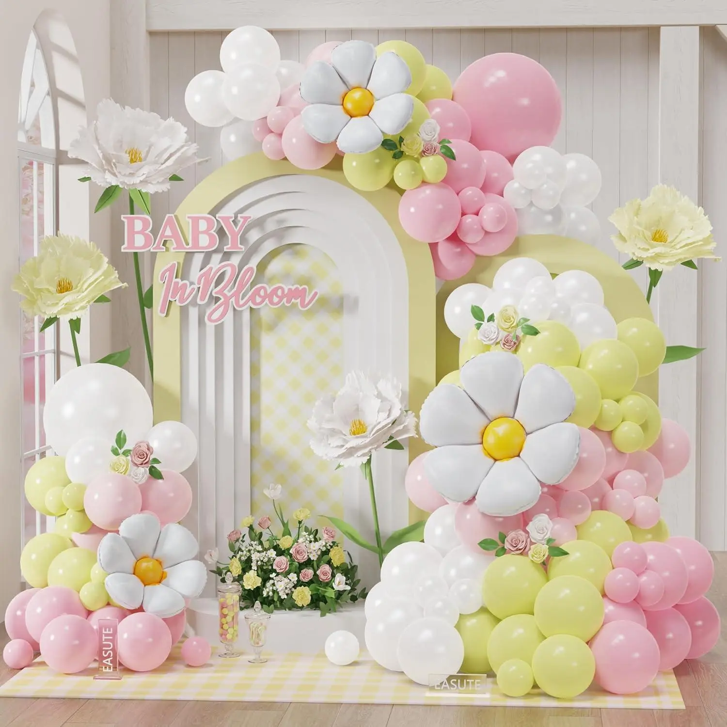 Daisy Flower Balloon Arch Kit, 139Pcs Pink White Yellow Wildflower Balloons Wild Flower Baby In Bloom Decorations, Spring Daisy Theme For Baby Shower & Birthday Party Supplies