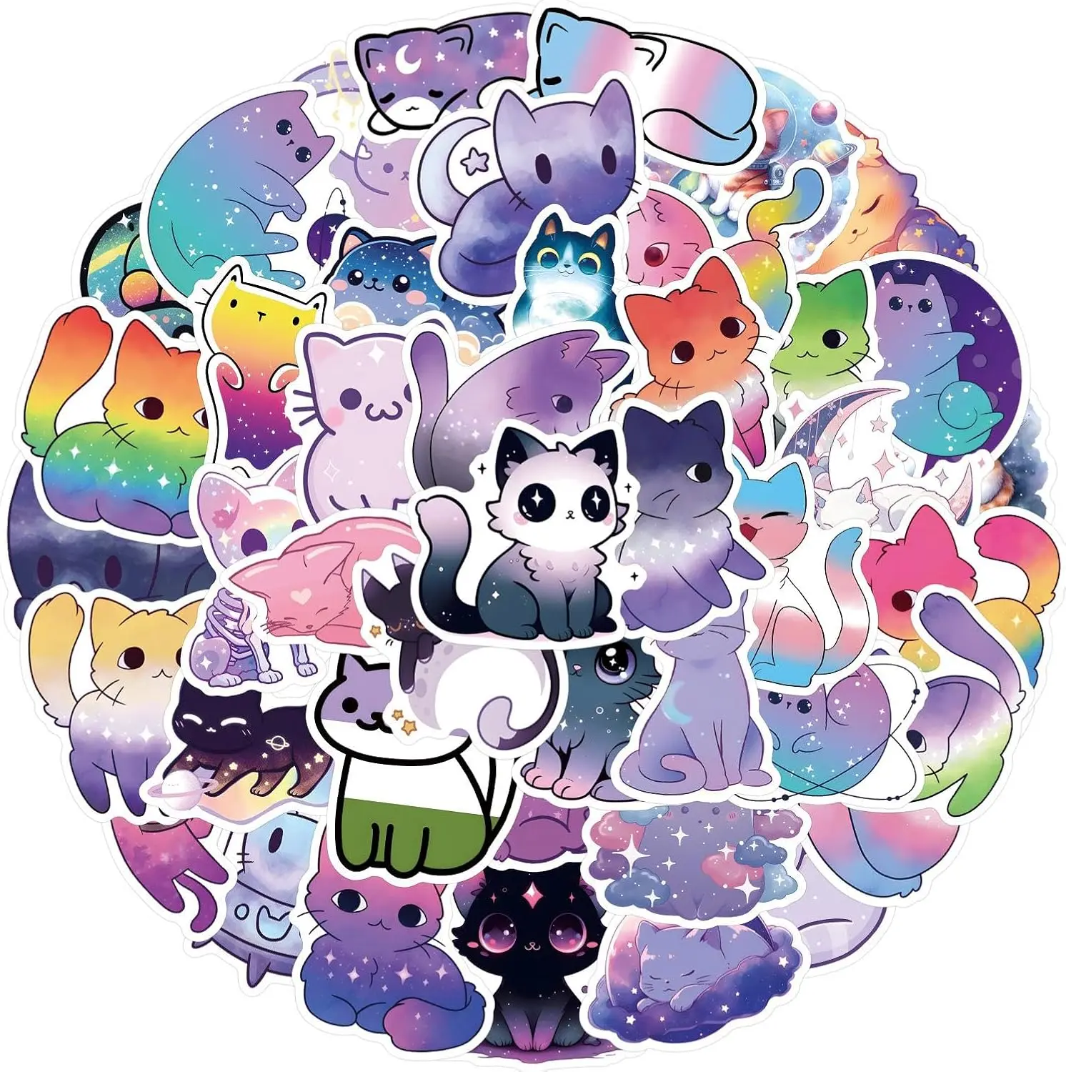 55pcs Cute Cat Series DIY Decorative Stickers Kawaii Starry Sky Rainbow Cat Waterproof Sticker for Water Bottle Laptop Phone Wall Decal Kid Adult Gift
