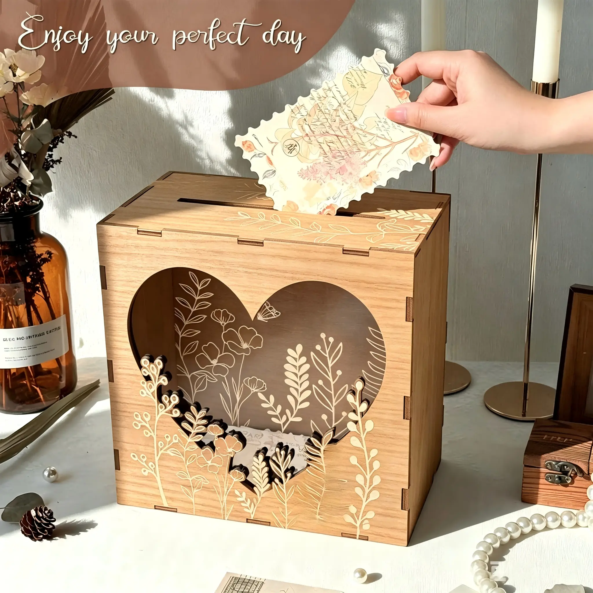 Brown Wedding Card Box for Reception with Heart Acrylic Window, Wooden Gift Card Box for Wedding with Flower Pattern, Vintage Card Box for Graduation Birthday Party Anniversary Baby Shower