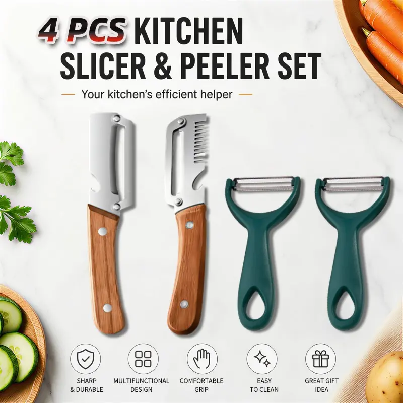 4-Piece 3-in-1 Paring Knife Set, Stainless Steel Kitchen Tool with Fruit-Vegetable Peeler, Slicer, Bottle Opener, Ergonomic Non-Slip Handle for Home Cooking