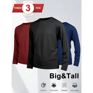 Big&Tall 3PCS Men's Plus Size Fashion Sports Casual Long Sleeve T-Shirt Solid Color Base Loose Comfortable Quick-Dry Tee KB5165482 Machine Washable