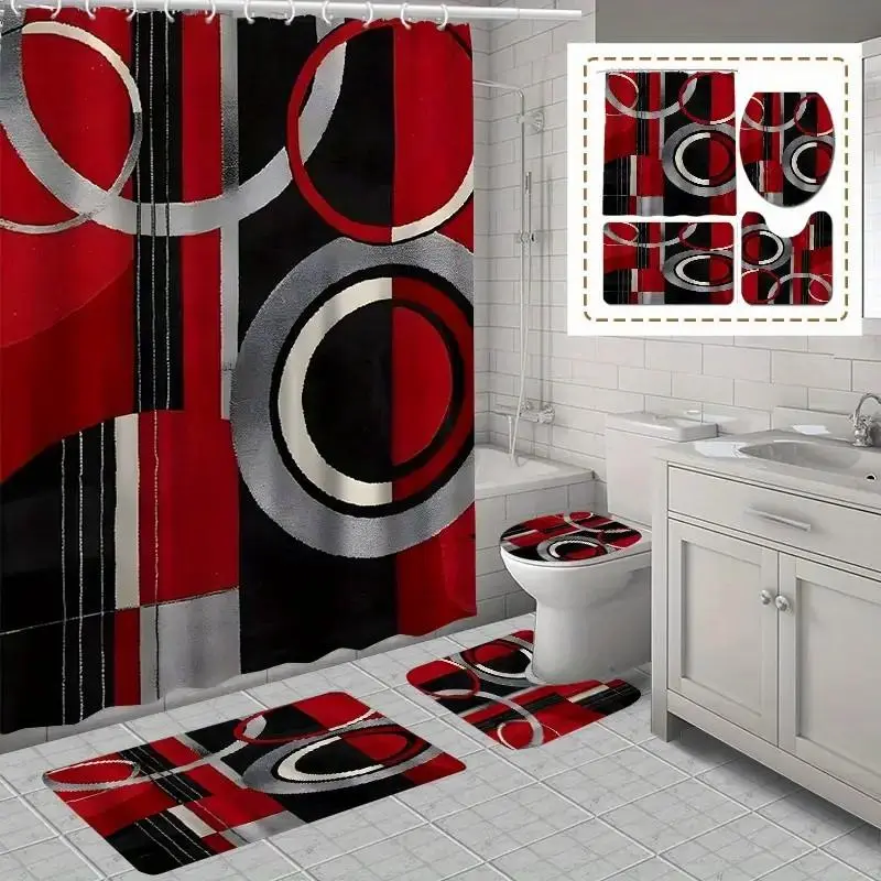 1/4pcs red, black, geometric pattern bathroom shower curtain and mat set, includes 12 hooks, non-slip bathroom mat, non-slip toilet U-shaped mat, toilet seat cover, bathroom partition, home decor, Bathroom decoration accessories, Modern bathroom decor