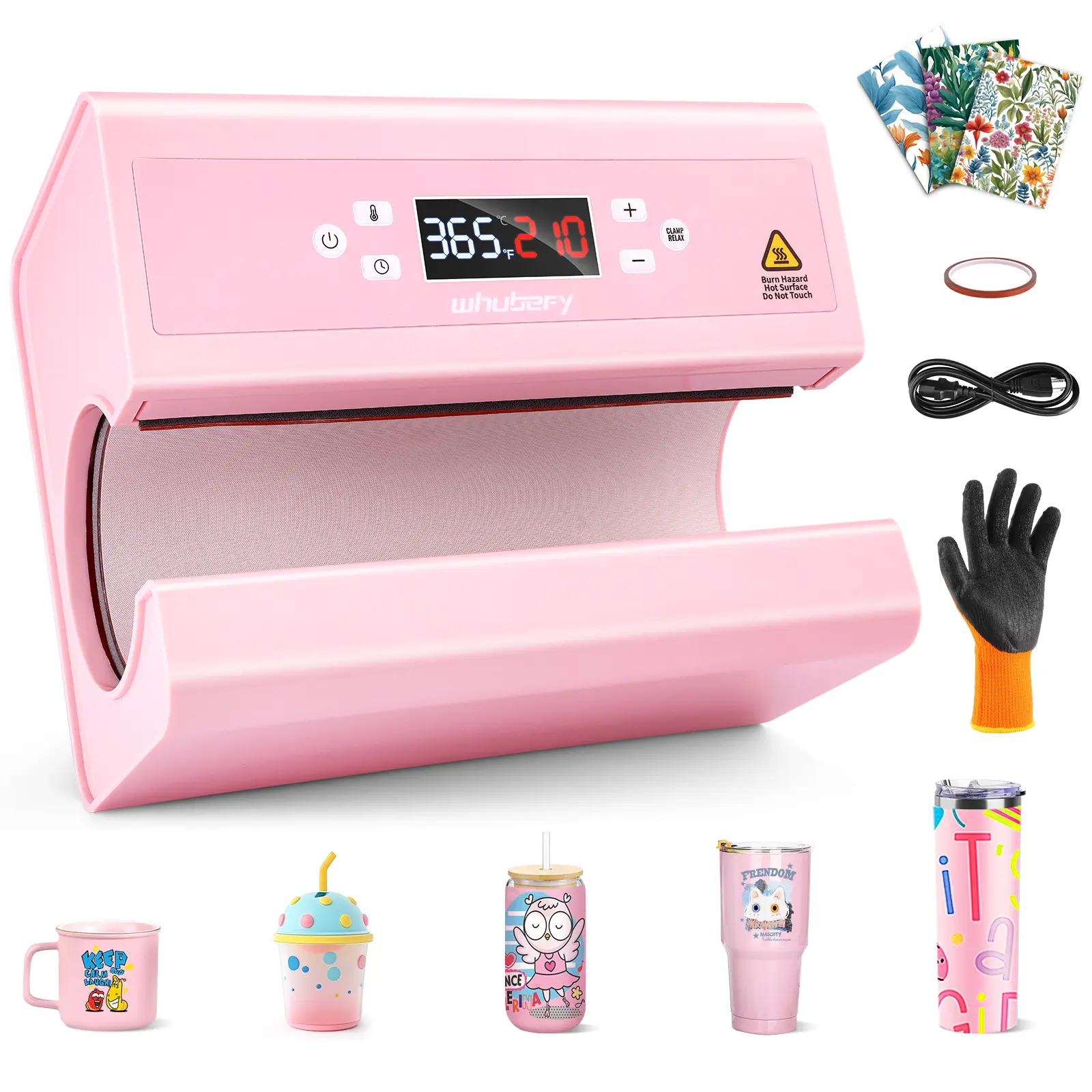 AKEYDIY Pink Automatic Rotation Tumbler Heat Press Machine (11-30OZ), Full Print, Temp+Time Control, for Ceramic/Glass Sublimation Designs & Crafts, W/Sublimation Papers, Heat Tape, Gloves, Mother's Day Gift