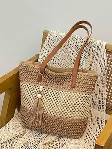 Vacation style minimalist and high-end striped woven straw tote bag with tassel pendant decoration design, large capacity lazy casual style versatile shoulder bag, suitable for beach vacation/commuting, outdoor travel
