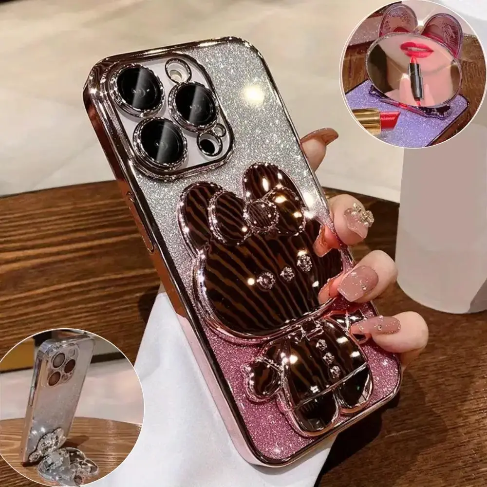 Glitter Decor Phone Case with Cute Rabbit Stand, 1 Count Decorative Phone Protector Cover, Phone Accessories Compatible with iPhone 15 14 13 12 11 Ser