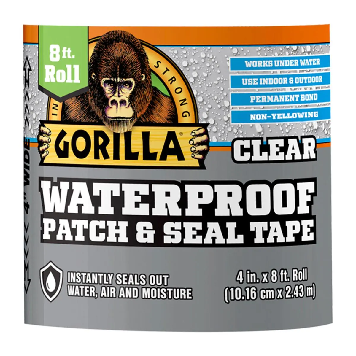 GORILLA Adhesive Tape - 4 in. x 8 ft. Waterproof Bond Seal, Strong Adhesion, UV Resistant, Invisible Sealant, Indoor/Outdoor Permanent Bond for DIY Scrapbooking & Stamping Projects