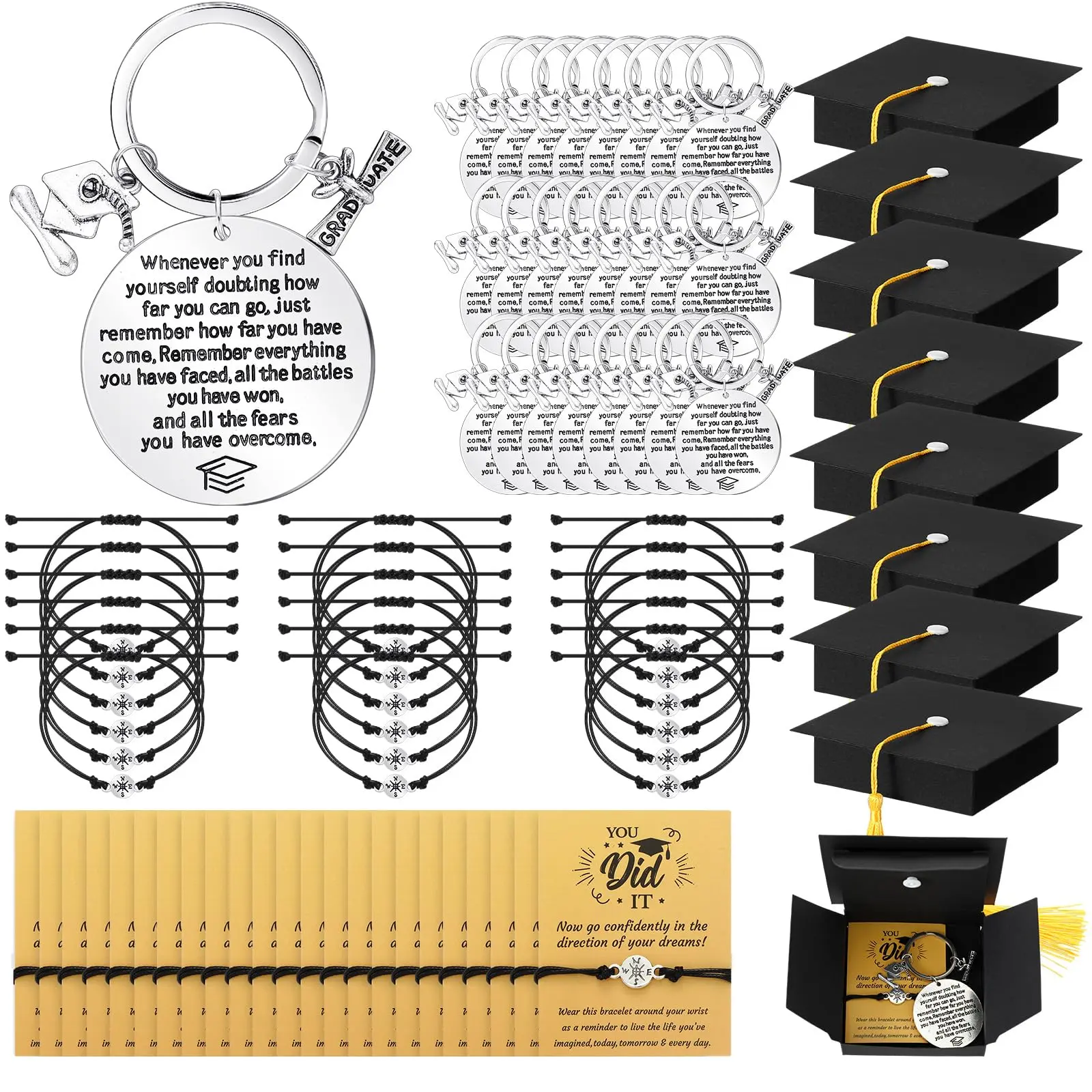 24 Sets Graduation Cap Boxes with Metal Bracelets, Fresh Quote Keychains & Graduation Cards (2.76 x 2.17 inches) – Bonfire-Ready Class of 2026 Gift for Adult High School Seniors