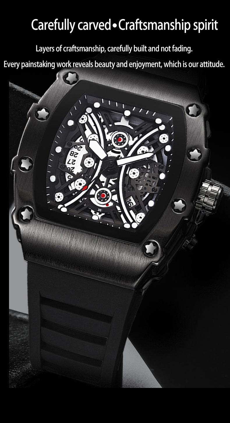 Men's Red Carbon Fiber Skeleton Tonneau Watch, Black Silicone Band, Sporty Quartz Wristwatch