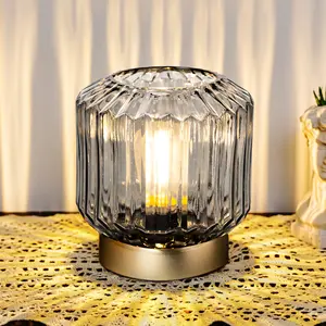 Battery-Operated Table Lamp Timer, Cordless Lamp for Areas No Outlets, Decorative LED Accent Lamp with 100% Original Vintage Lantern Design, Glass Mood Light for Entryway, Bedroom,Bathroom (Gery)