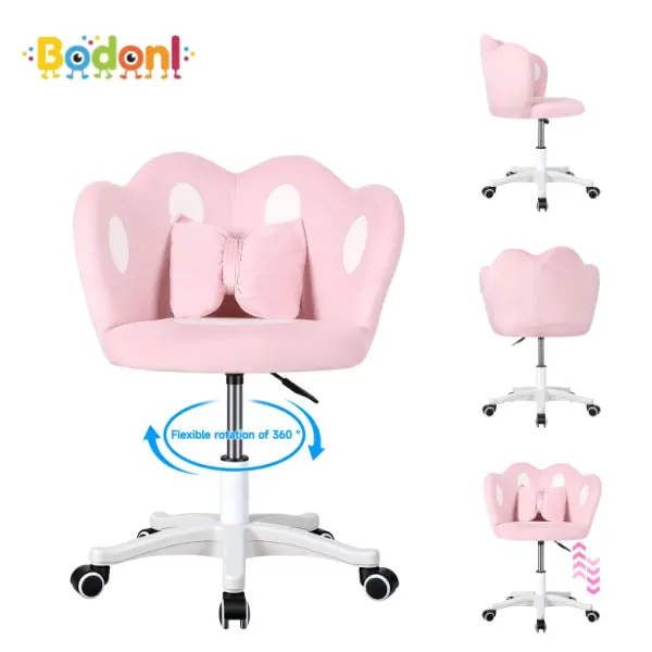 Bodonl Kids Desk Chair, Adjustable Height Swivel Chair with Bow Pillow, Children's Study Chair for Bedroom, Homework and Learning Space