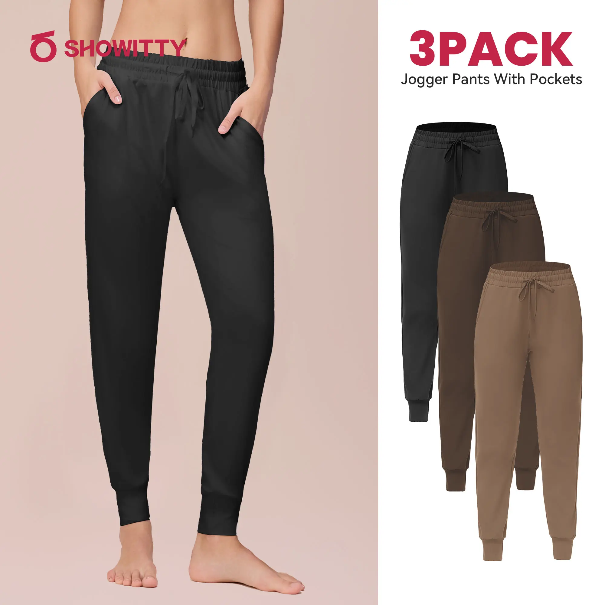 SHOWITTY Women's High Waisted 3 Pack Joggers – Lightweight Sweatpants with Pockets Comfy Yoga Pants for Workout, Casual Wear and Lounge