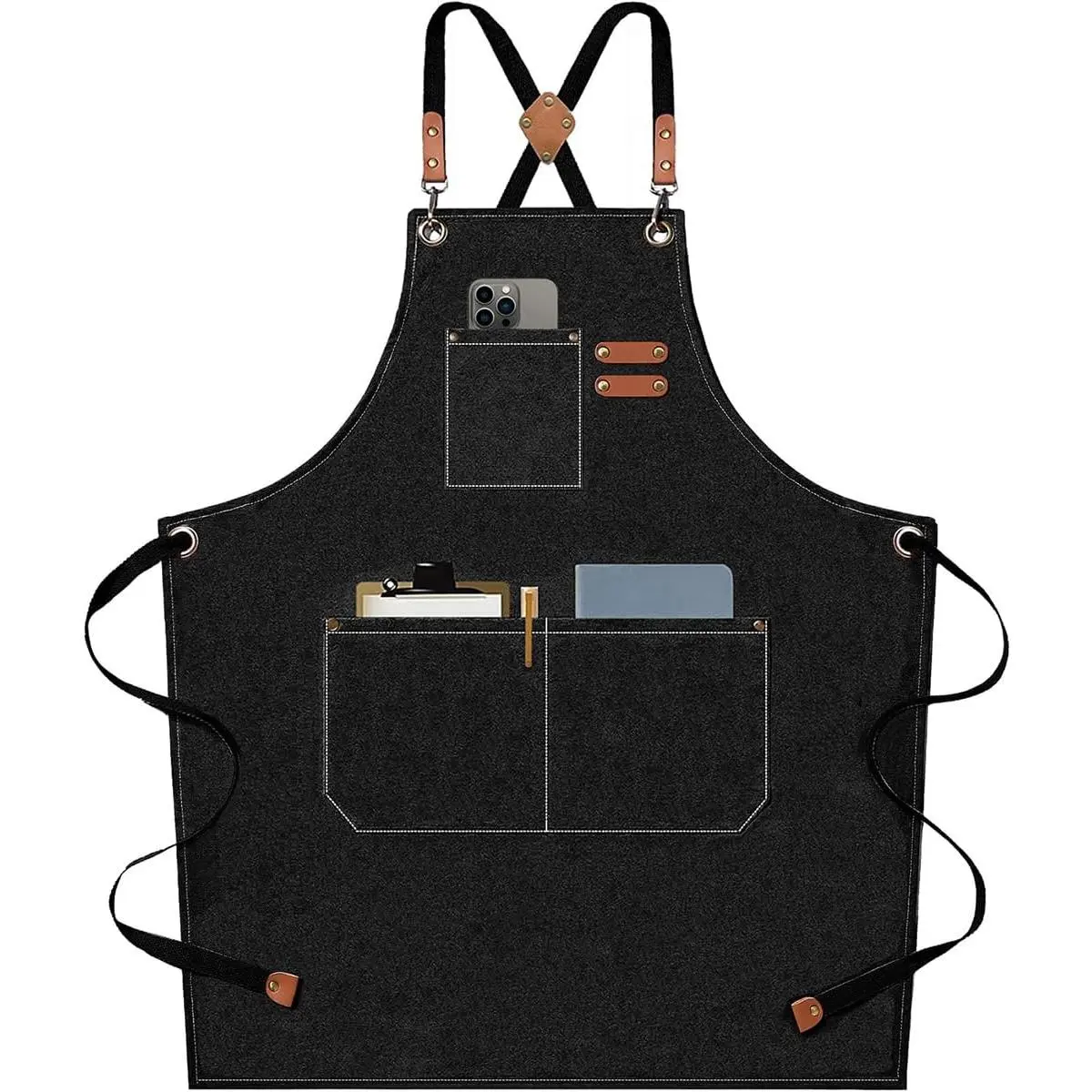 MIUVA Chef Aprons for Men Women with Large Pockets Cotton Canvas Cross Back Heavy Duty Adjustable Work Apron Size M to XXL Black  Christmas Gift Set Stock Up Christmas Decorations Valentine's Day gift