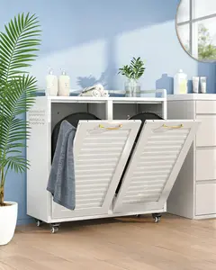 Double Tilt Out Laundry Hamper Cabinet, 2-in-1 Rolling Casters + Fixed Feet, Waterproof Rustproof Metal, 33Gal 2-Compartment for Bathroom, Laundry Room, Kitchen