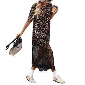 Mntaor Women's Leopard Print T-Shirt Short Sleeve Maxi Dress with Sheer Lace Hem Street Style Sexy Casual for Day-to-Night Summer Womenswear