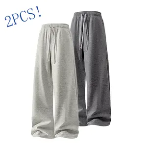 Men's 2-Pack Straight Plain Sweatpants - Long Slim-Fit, Lightweight Polyester, Slightly Stretchy Fabric, Simple Design for Office, Day Wear - Light Gray + Dark Gray