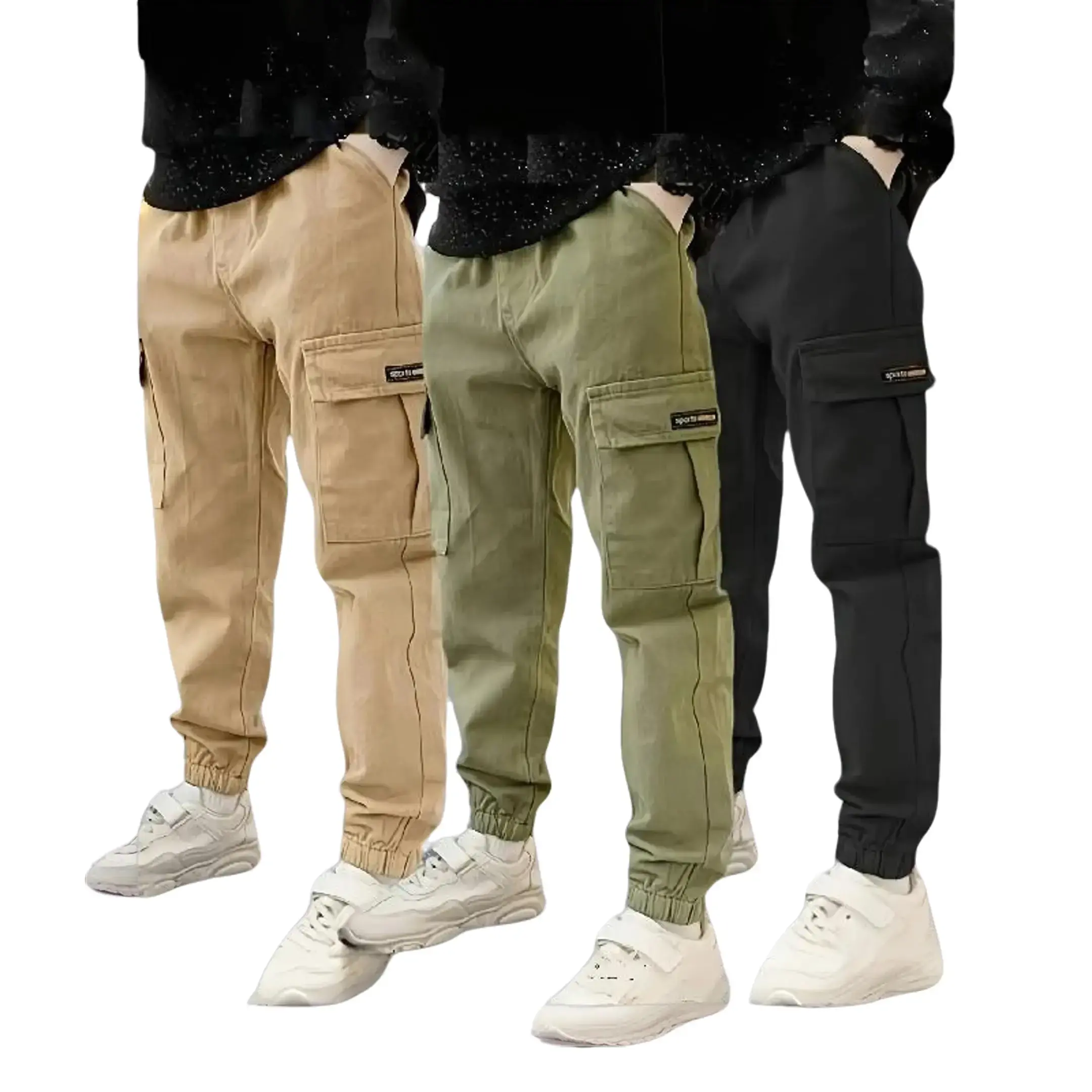 Boys' 3pcs Cargo Long Pants Set, Tactical Plain Non-Stretch All-Season Pants with Pockets Added, Elastic Waist, Loose Fit for Kids - Spring/Autumn Collection, Suitable for Outdoor Wear