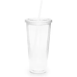 Simple   -  Double Wall  Cups with Lids and Straws for Cold Drinks, Insulated Plastic Tumblers with Lids and Straw, 20 oz Capacity, Clear