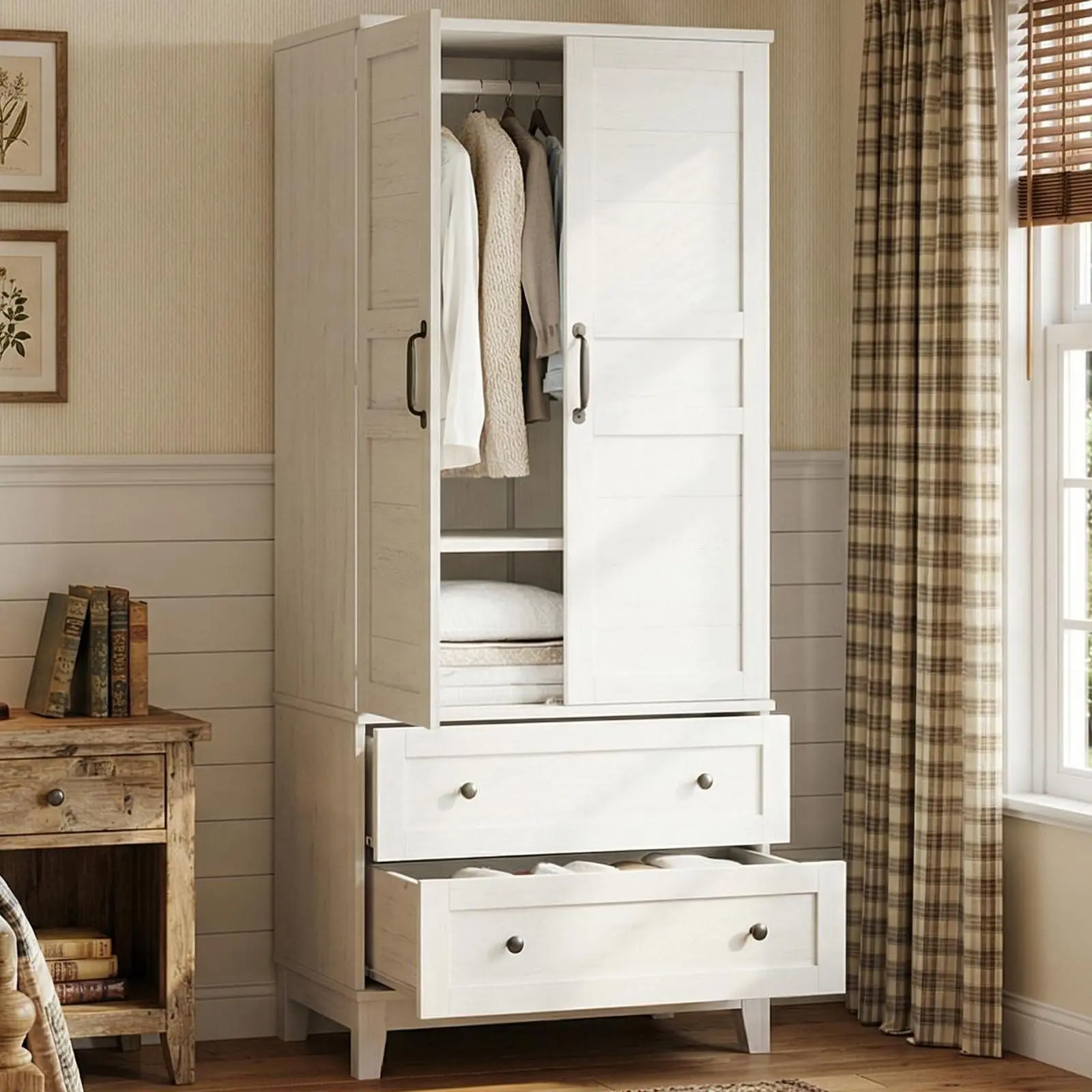 GARVEE Armoire Wardrobe Closet with 2 Drawers, 72" Tall Wooden Clothing Wardrobe with Hanging Rod & DIY Adjustable Shelf, Heavy Duty Bedroom Armoire Storage Cabinet with Doors, Rustic White