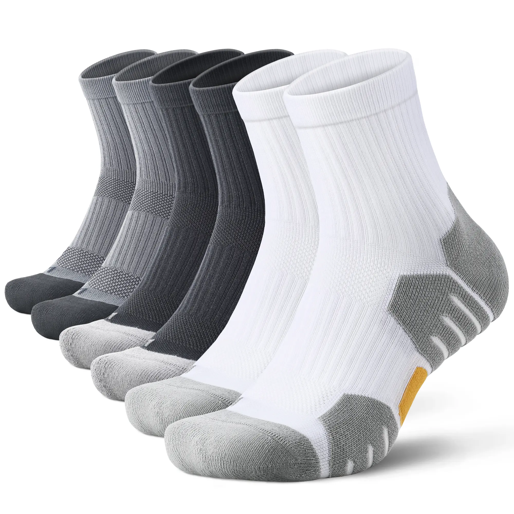 Mqamex Men's Cotton Sports Socks (6-Pair, Size 9-12) - Mid-Calf, Arch Support, Moisture-Wicking, Breathable, Towel Bottom Cushioning, Shock Absorb, Compression Stockings, Machine Wash, Black/White/Gray Geometric Patterns, for Fitness Training