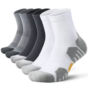 6 Pairs Men'S Mid-Calf Athletic Socks, 9-12 Size, Quarter Stockings with Arch Support, Moisture-Wicking, Breathable, Towel Bottom, Cushioning Shock Absorption, Soft and Comfortable, Black, White, Gray, Geometric Pattern, Fitness Training Socks, Sports Soc