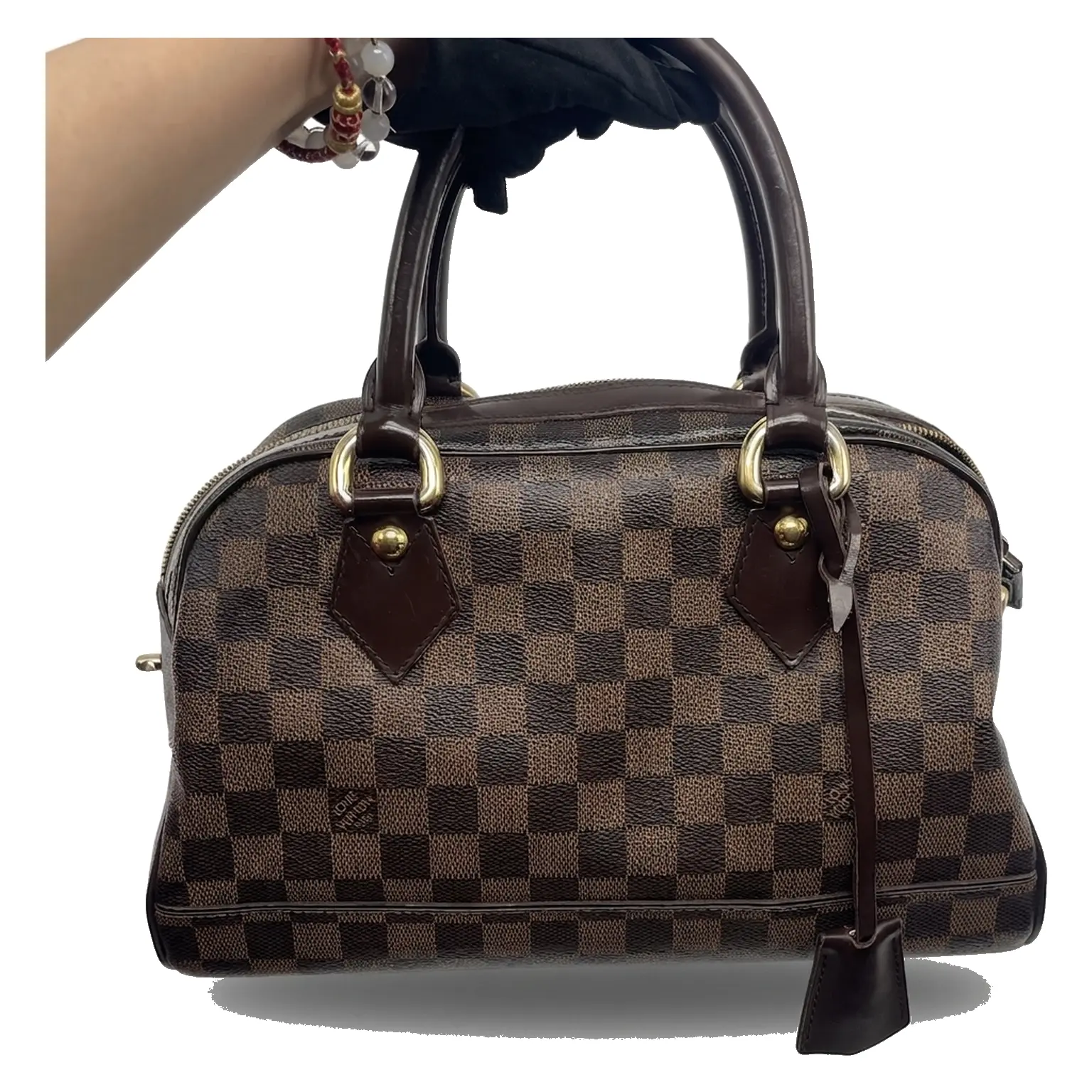 Pre-owned Louis Vuitton Damier Ebene coated canvas with leather trim Top Handle Bags Damier Ebene Coated Canvas Top Handle Bag with Leather Trim, Brown Checkerboard, Dark Brown Handles, Excellent Condition, Light Wear, Luxury Accessory, Premium Secure Pac