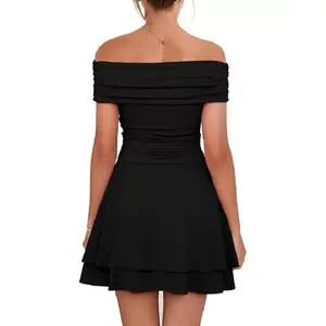 Spring Off Shoulder Mini Dress - High Stretch Athletic Fabric Ruched A-Line Party Dress - Tummy Control Corset Ruffle Hem Dress for Graduation, Easter, Wedding Guest & Date Night Casual Basic Womenswear
