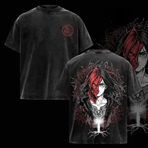 Men's Oversized Round Neck Soft Cotton Short-Sleeve T-Shirt - Distressed Vintage Washed, Attack on Titan The Rumbling Eren Founding Titan Inspired Dark Red Festive Aesthetic Unisex Casual Top, Gift for AOT Fans