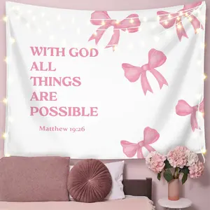 Coquette Pink Bow Christian Tapestry Wall Hanging, Preppy Room Decor, with God All Things are Possible Inspirational Bible Verse Wall Blanket Decor for Girls Room Dorm Apartment, 50x60 Inch